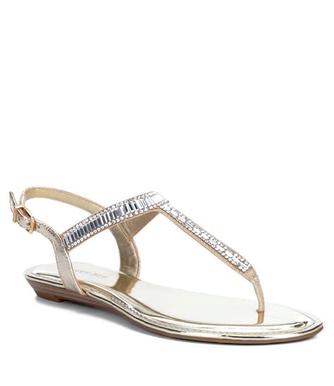 precious metallic fabric jeweled t-strap sandals|Gianni Bini Avellia Jewel Embellished T.